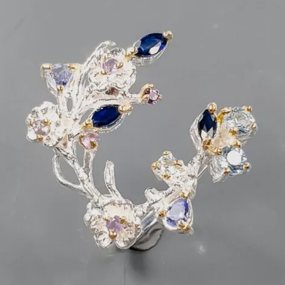 Sapphire Amethyst Tanzanite &Topaz Floral wreath Sterling Ring sz6.75 - Picture 4 of 10